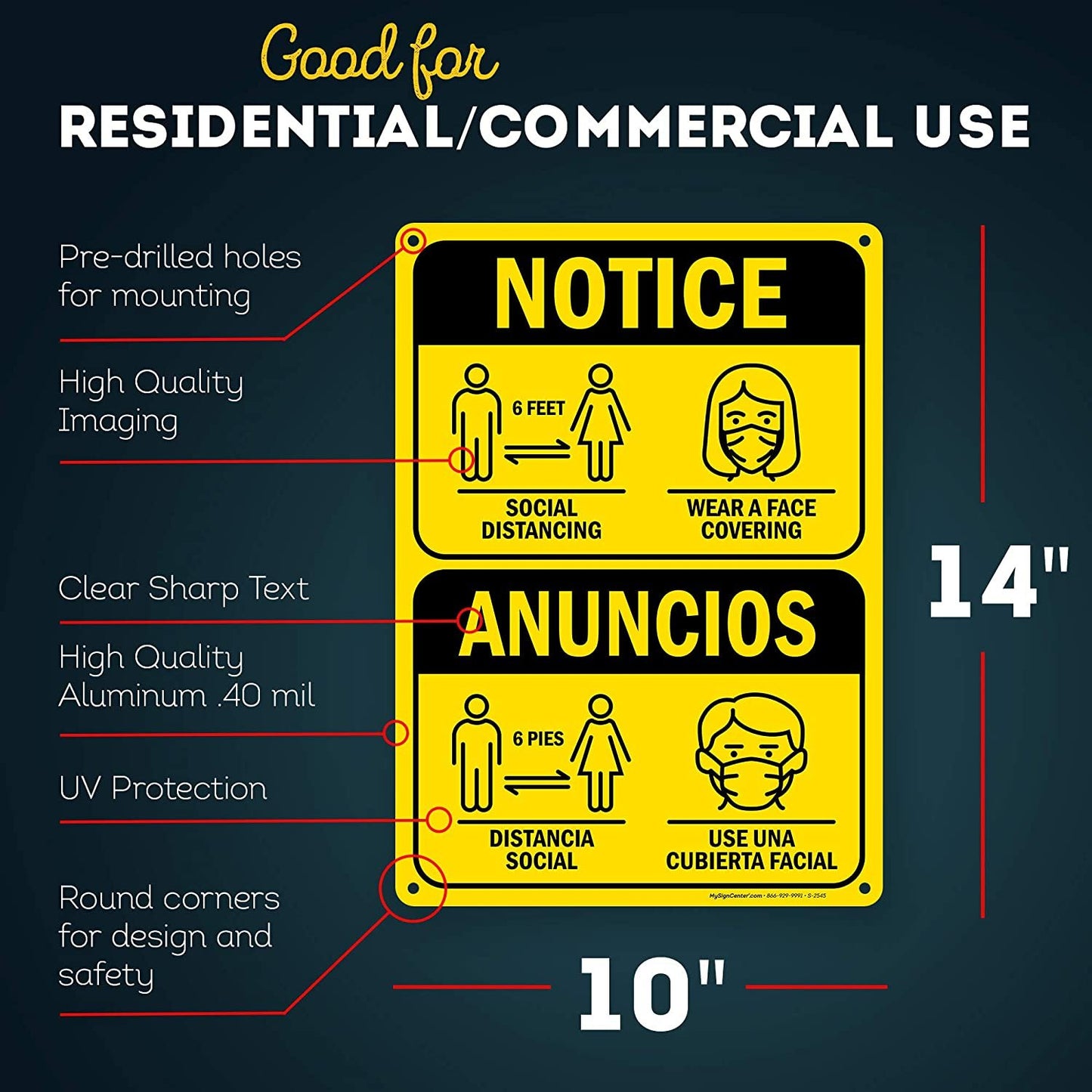 6 Ft Social Distance Sign Bilingual Spanish/English Wear Face Mask Sign