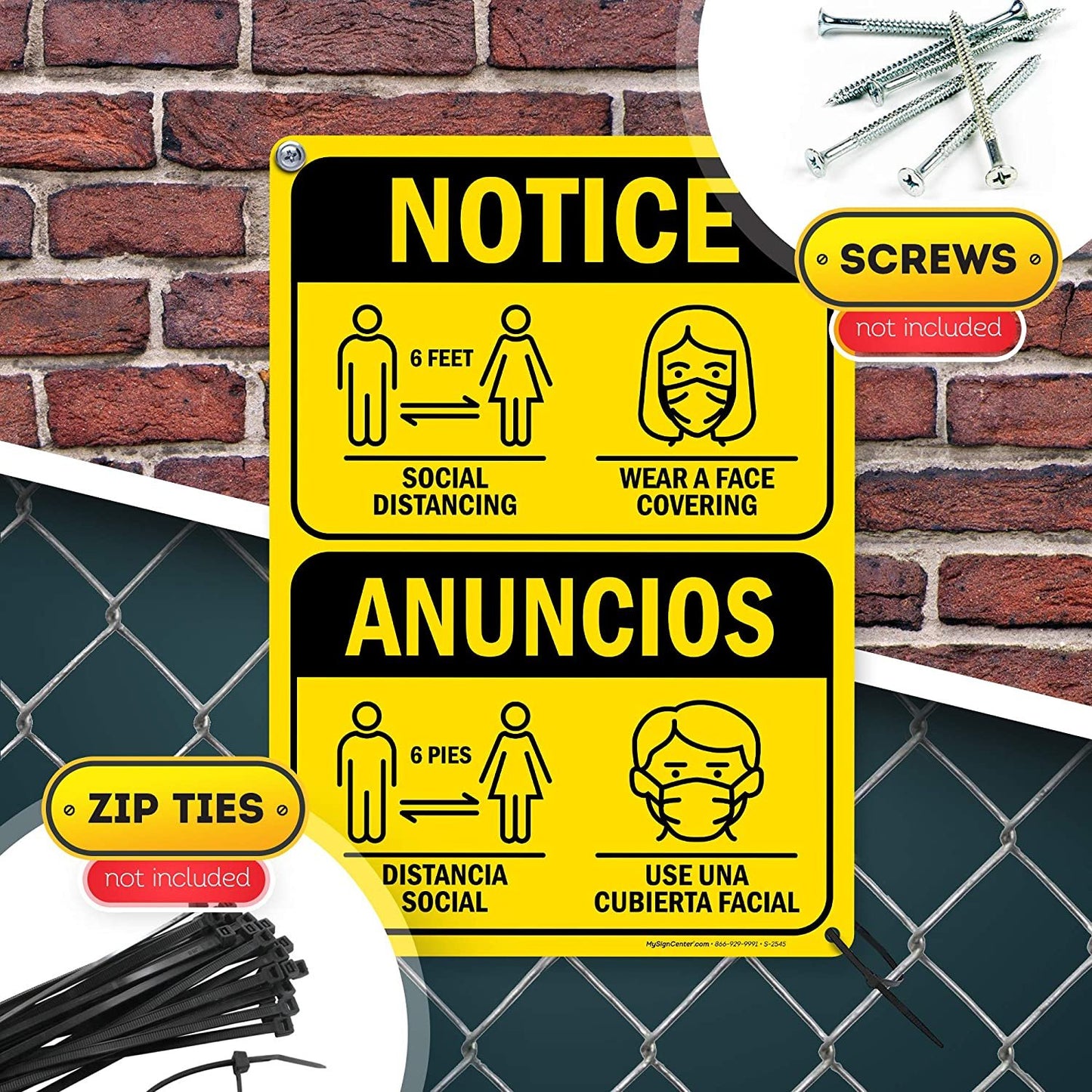 6 Ft Social Distance Sign Bilingual Spanish/English Wear Face Mask Sign