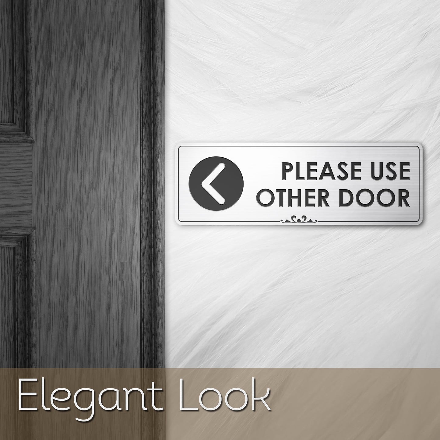 Please Use Other Door Left Arrow - Laser Engraved Sign - 3"x9" - .050 Brushed Silver Plastic