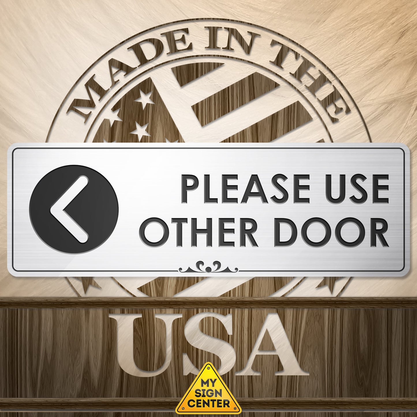 Please Use Other Door Left Arrow - Laser Engraved Sign - 3"x9" - .050 Brushed Silver Plastic