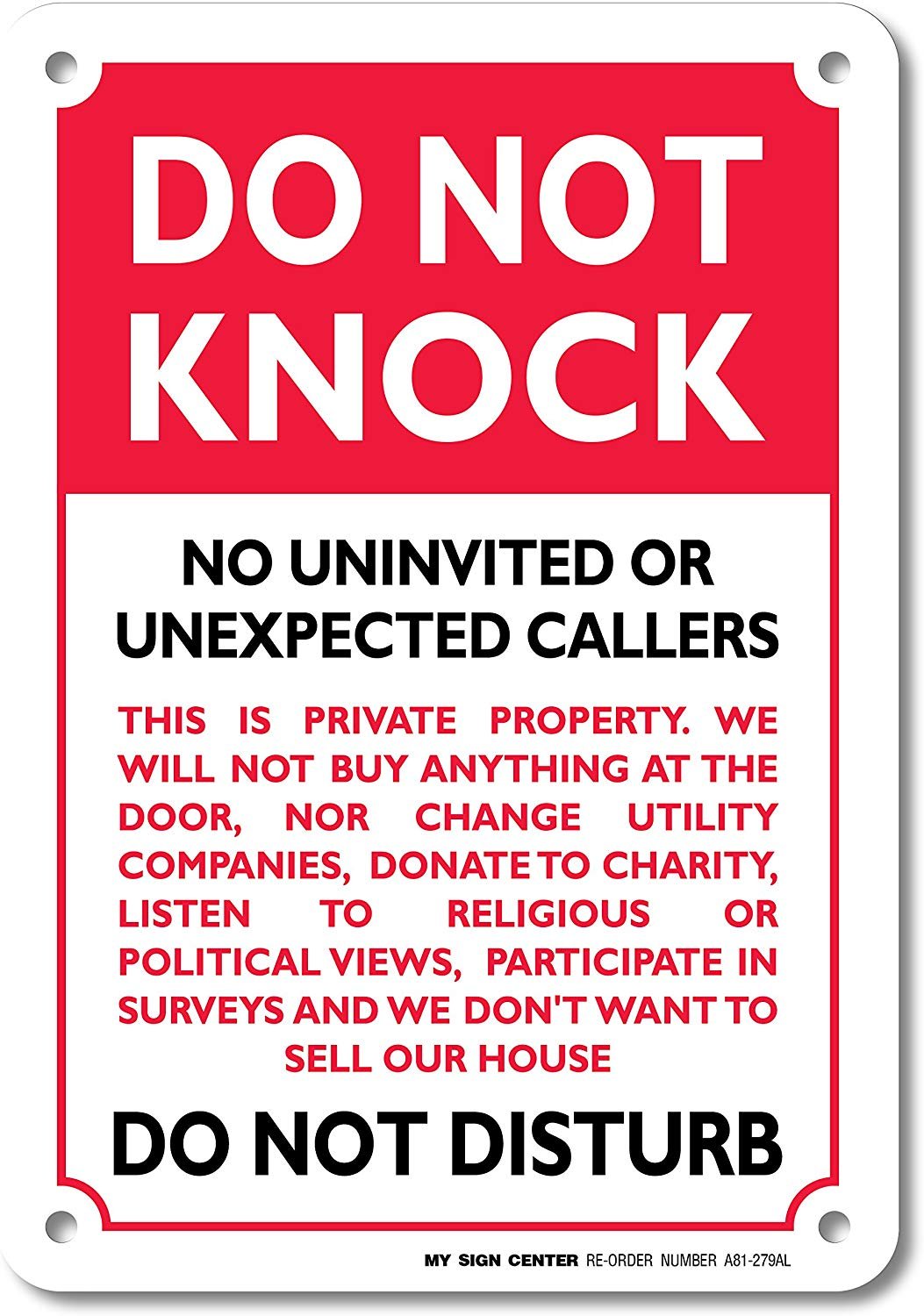 Do Not Knock Do Not Disturb Sign - No Soliciting